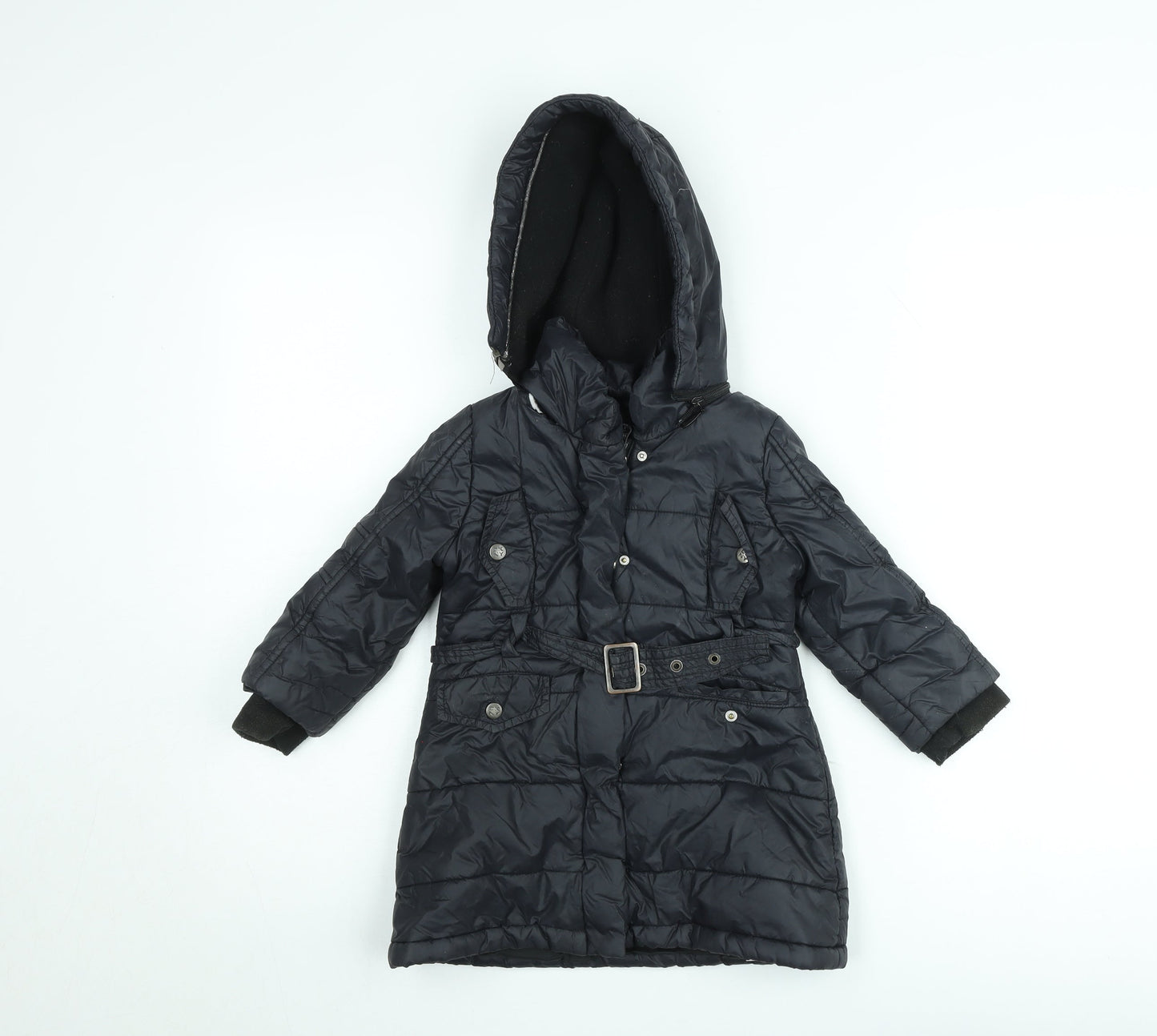 DKNY Girls Black Belted Hooded Long Puffer Coat Size 2 Years Winter Jacket