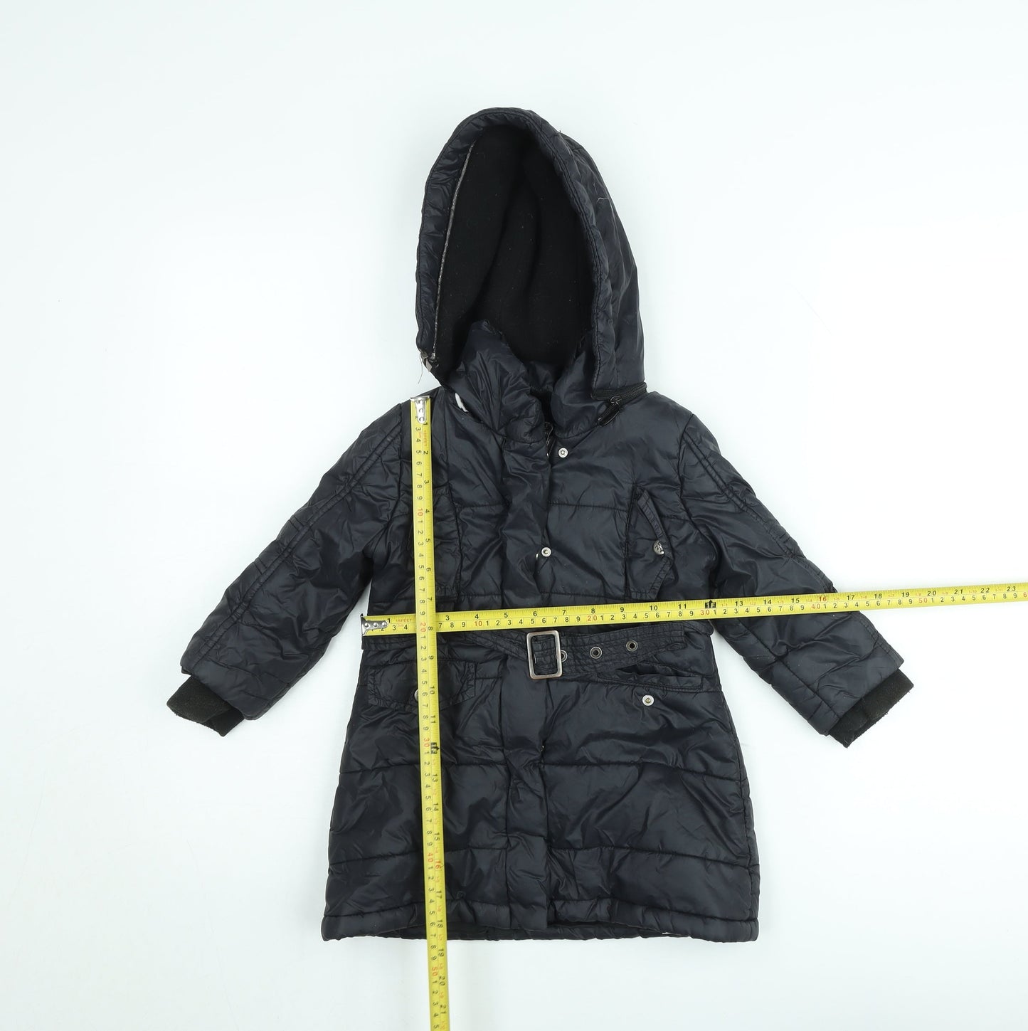 DKNY Girls Black Belted Hooded Long Puffer Coat Size 2 Years Winter Jacket