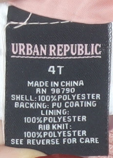 Brand and care label for Urban Republic girls’ pink star bomber jacket 4 years polyester zip-up