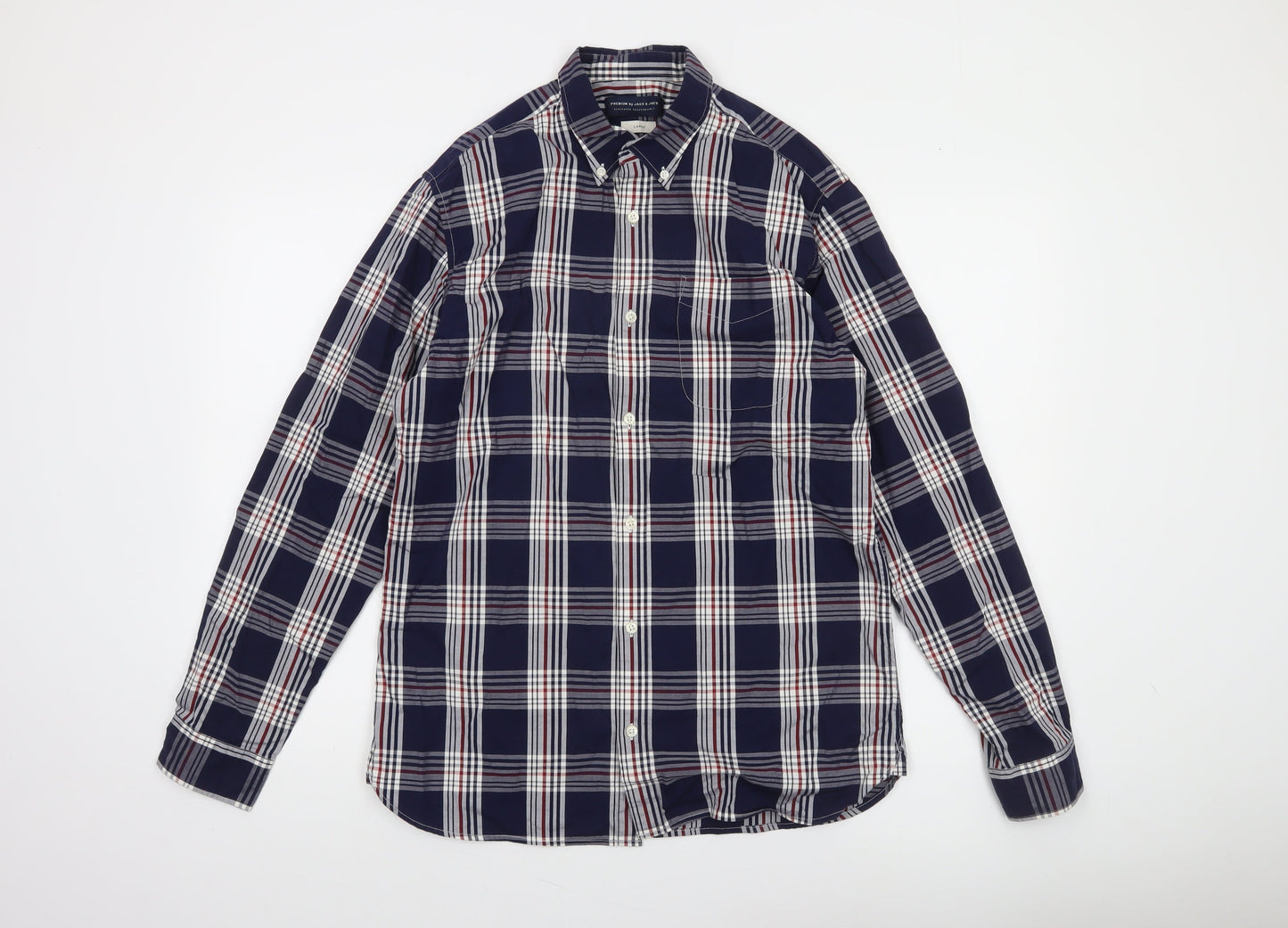 Jack & Jones Men’s Blue Checked Cotton Long Sleeve Button-Up Shirt L