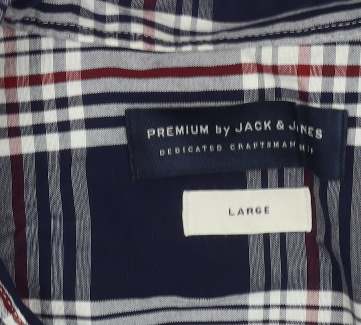 Jack & Jones Men’s Blue Checked Cotton Long Sleeve Button-Up Shirt L