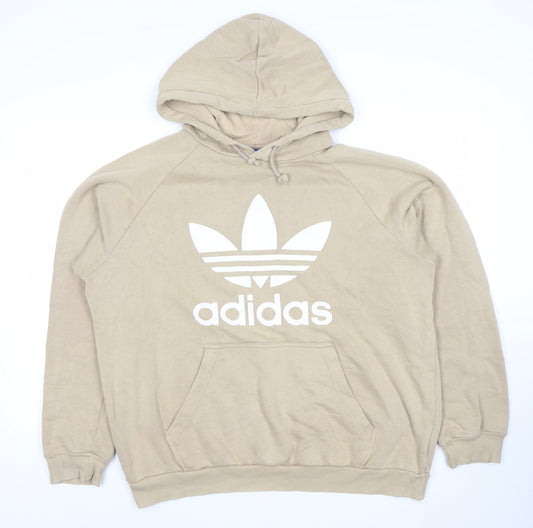 Adidas Women Beige Hooded Pullover Hoodie L Cotton Blend Logo Print