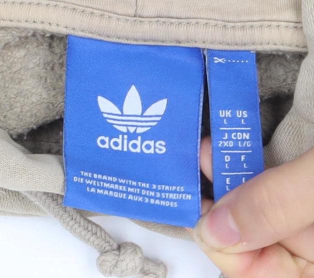 Adidas Women Beige Hooded Pullover Hoodie L Cotton Blend Logo Print