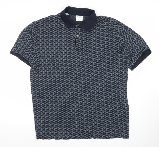 Selected Homme Men's Blue Geometric Cotton Polo Shirt Size L