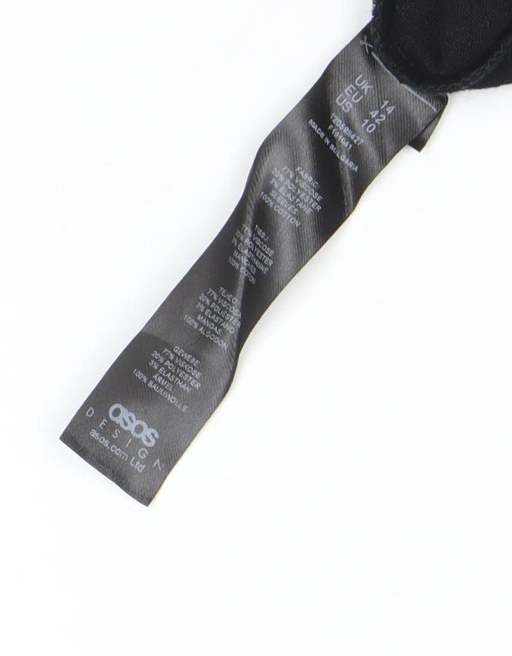 Brand and care label for ASOS Women’s Black Bodycon Cotton Elastane Sleeveless Dress, size UK 14
