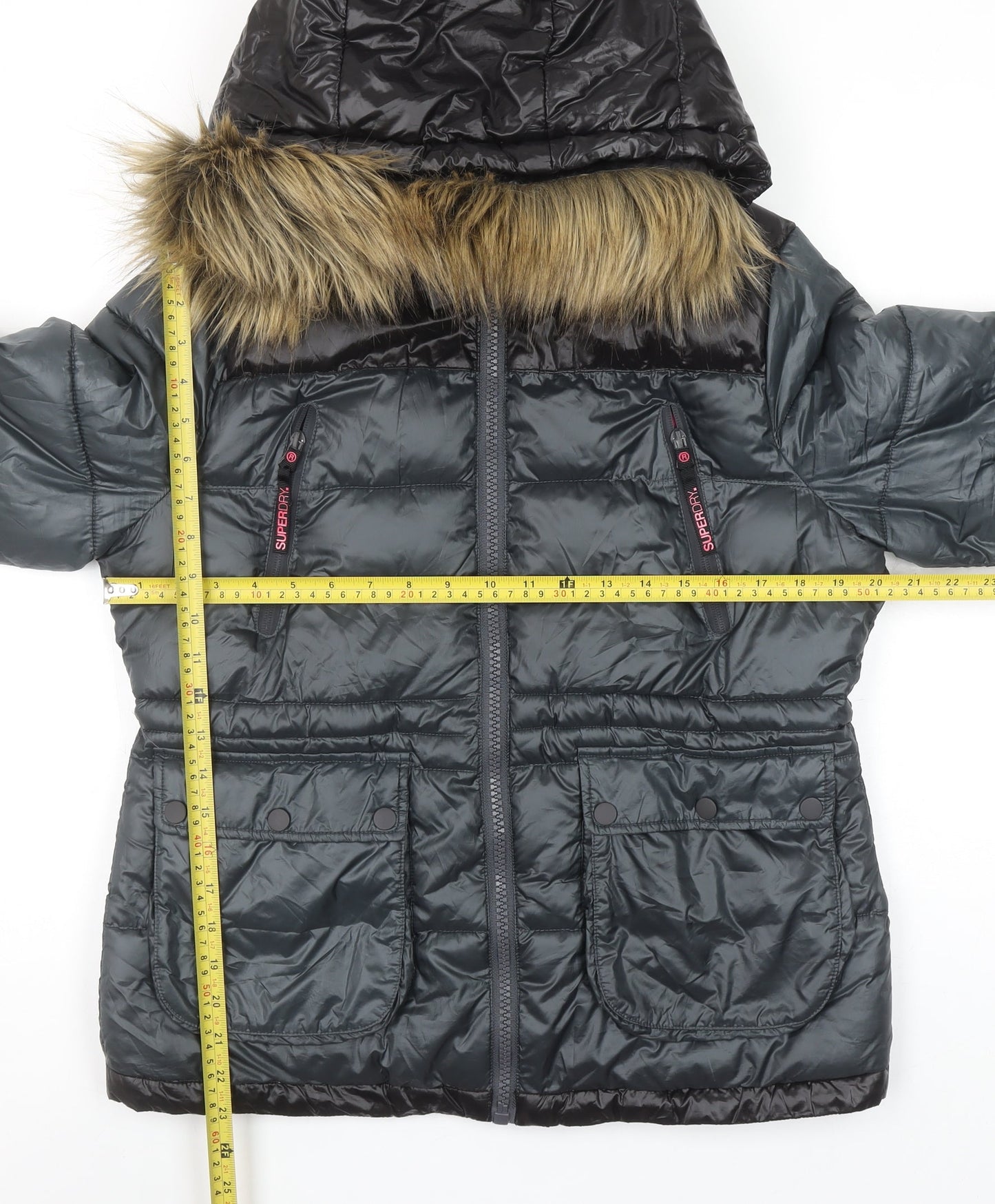 Superdry Women Grey Fur Trim Hooded Puffer Jacket L