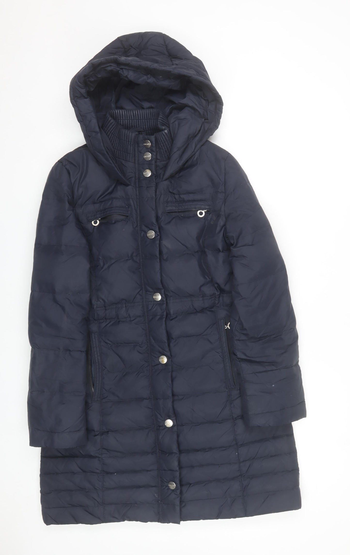 DKNY Women's Blue Long Puffer Coat S Hooded Quilted Winter Jacket