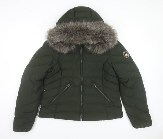 Superdry Womens Green Puffer Jacket Hooded Fur Trim Size 12