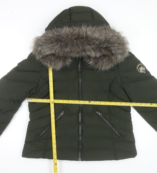 Superdry Womens Green Puffer Jacket Hooded Fur Trim Size 12