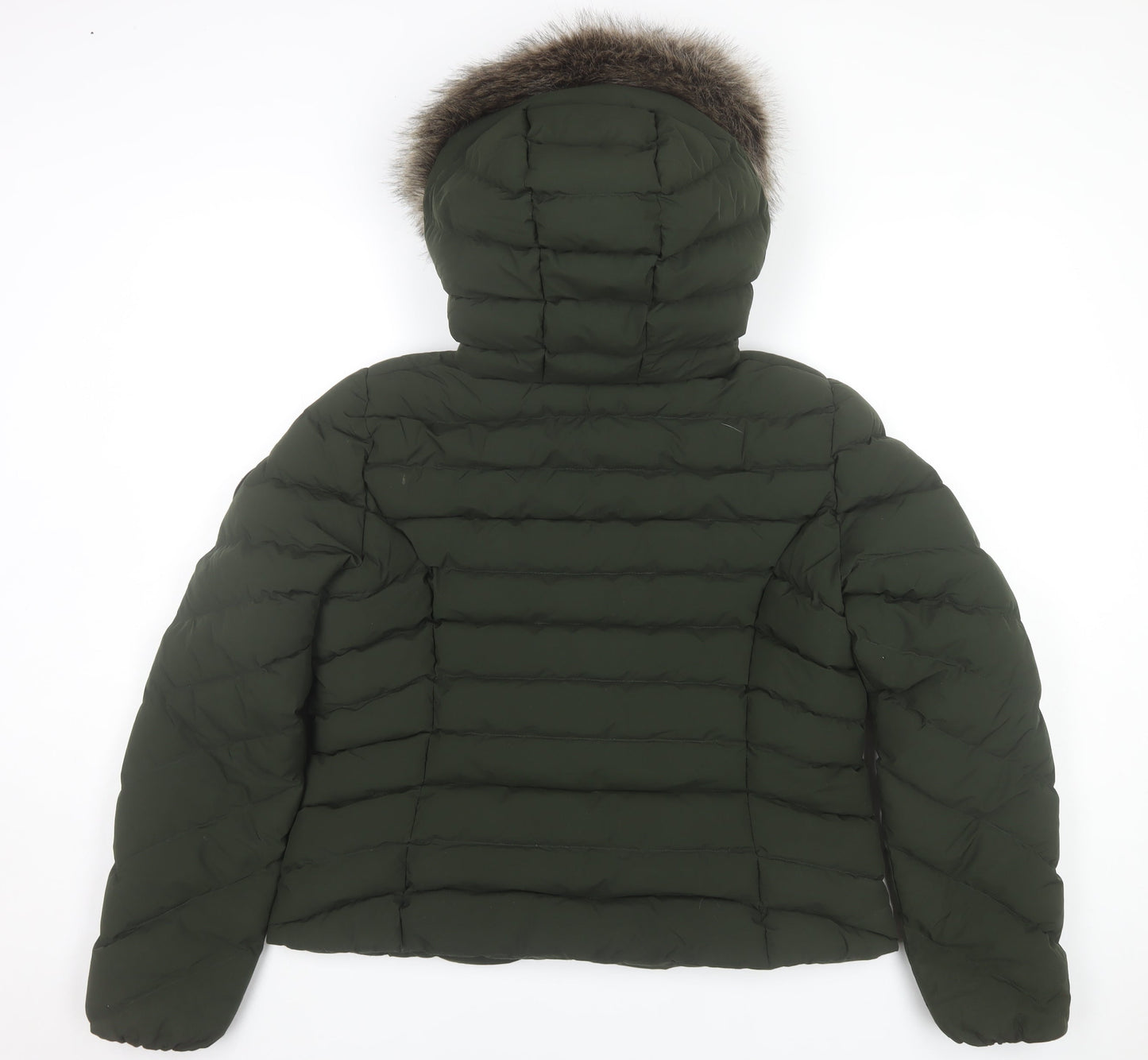 Superdry Womens Green Puffer Jacket Hooded Fur Trim Size 12