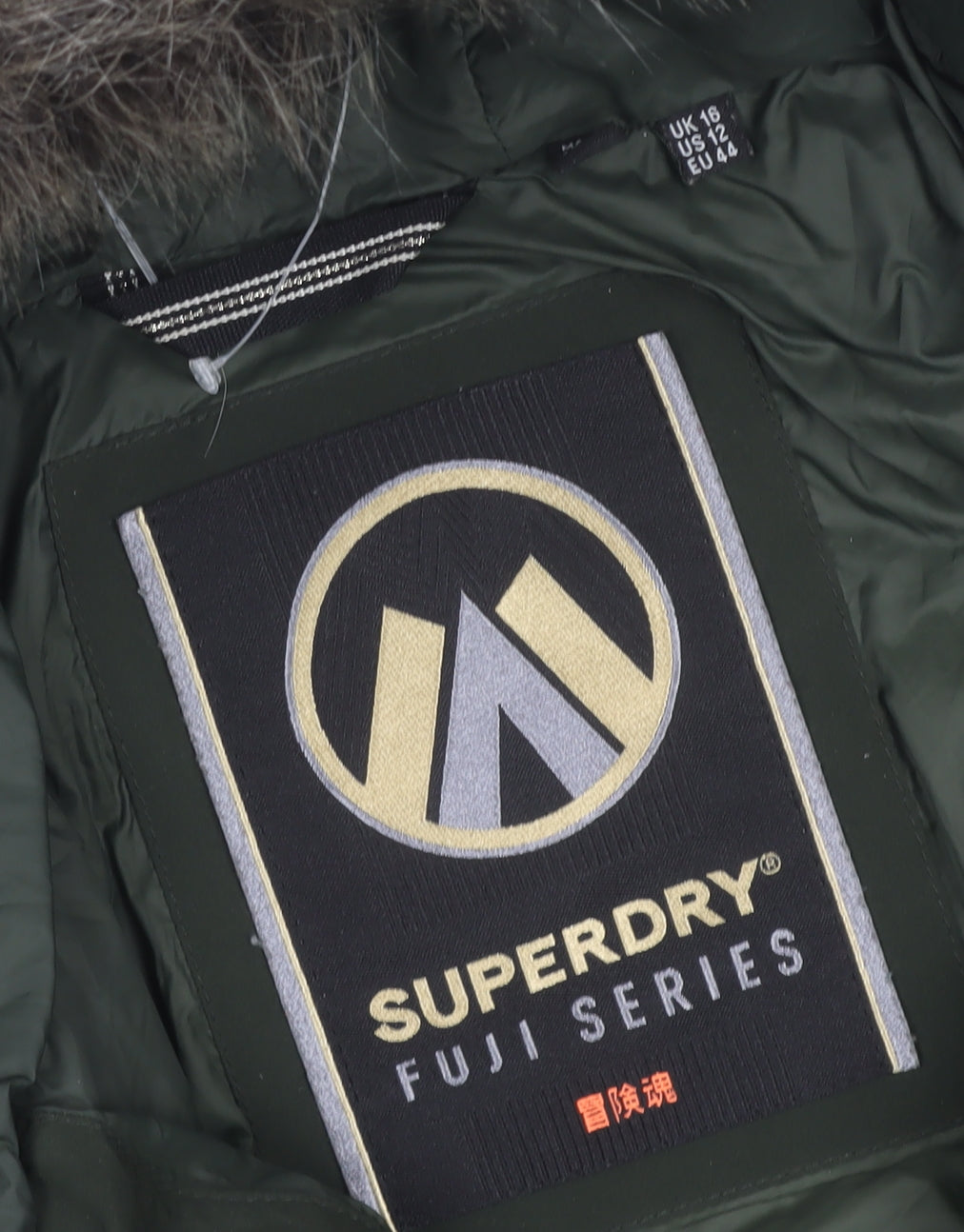 Superdry Womens Green Puffer Jacket Hooded Fur Trim Size 12