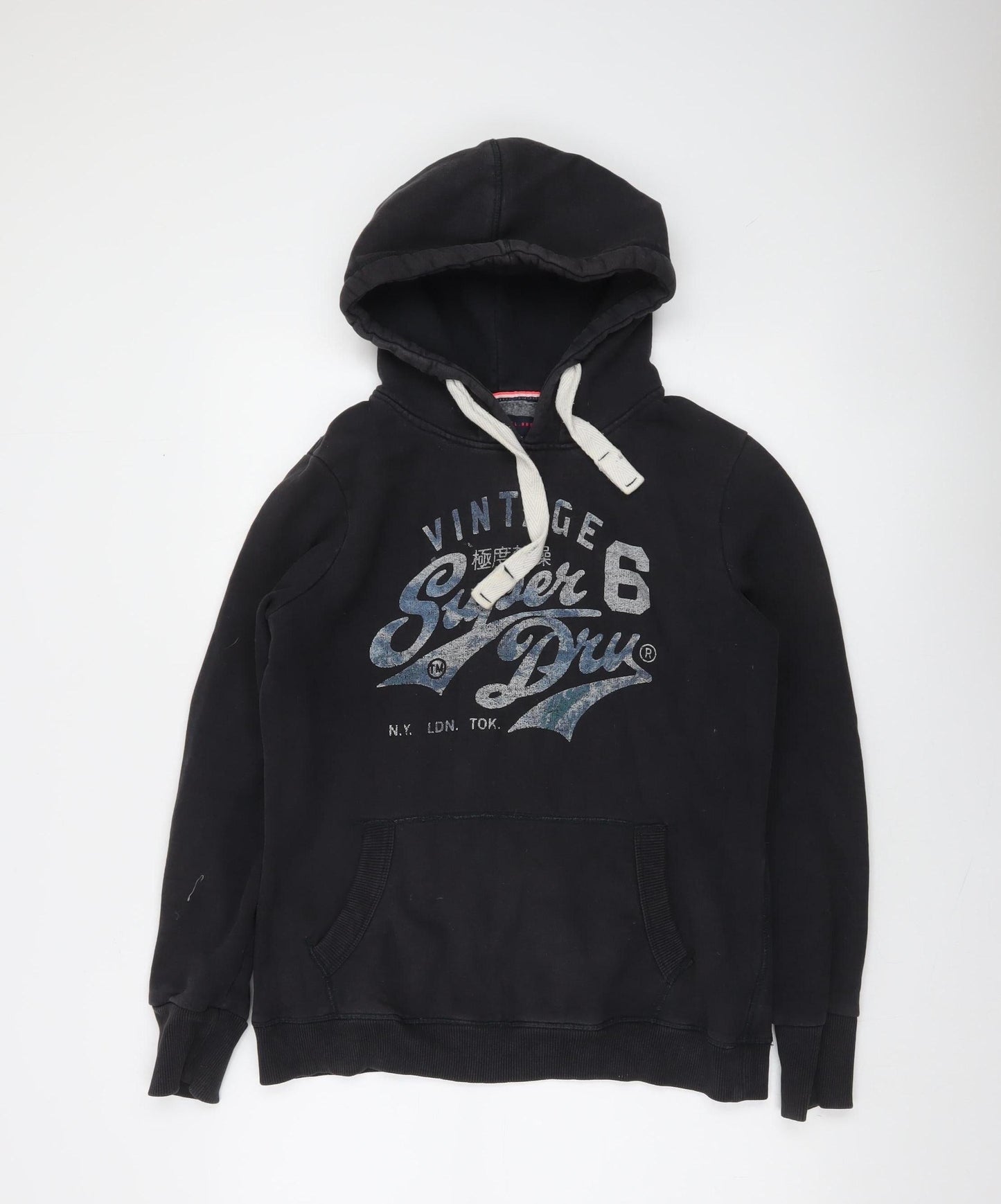 Superdry Womens Black Pullover Hoodie L Vintage Graphic Cotton Blend