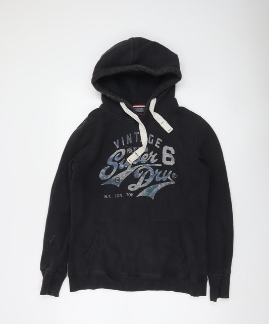 Superdry Womens Black Pullover Hoodie L Vintage Graphic Cotton Blend