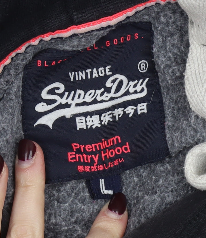 Superdry Womens Black Pullover Hoodie L Vintage Graphic Cotton Blend