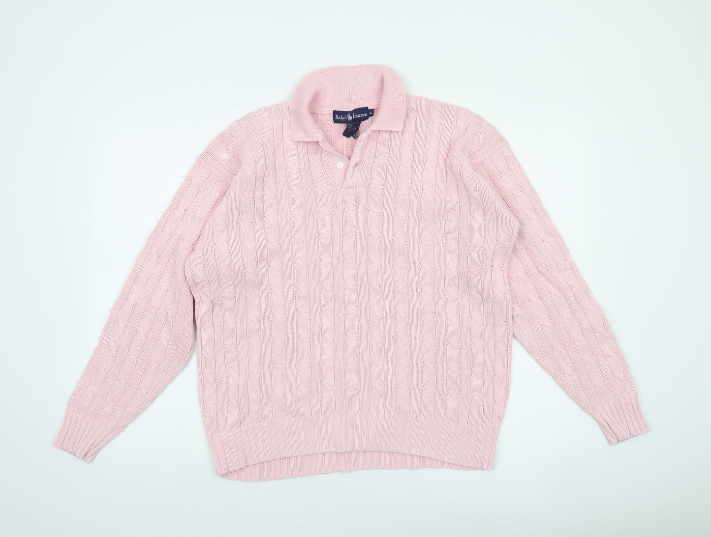 Ralph Lauren Women’s Pink Cotton Collared Cable Knit Jumper L