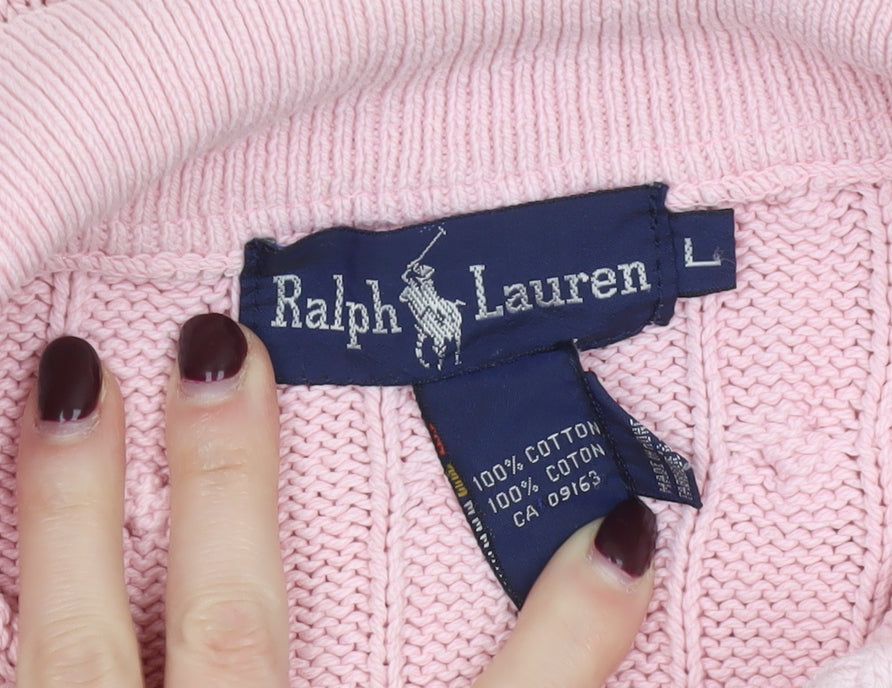 Ralph Lauren Women’s Pink Cotton Collared Cable Knit Jumper L