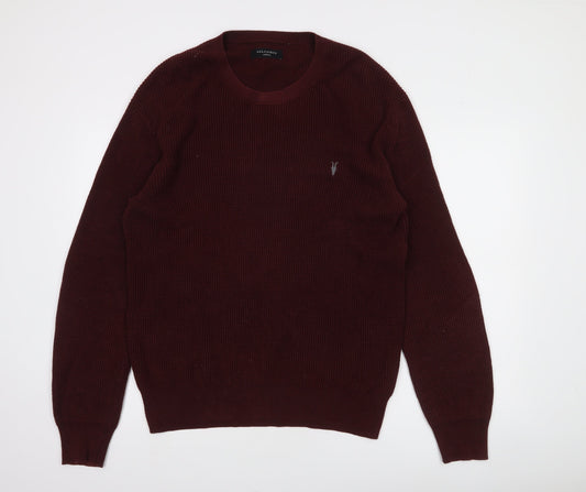AllSaints Mens Red Cotton Waffle Knit Crew Neck Jumper Medium