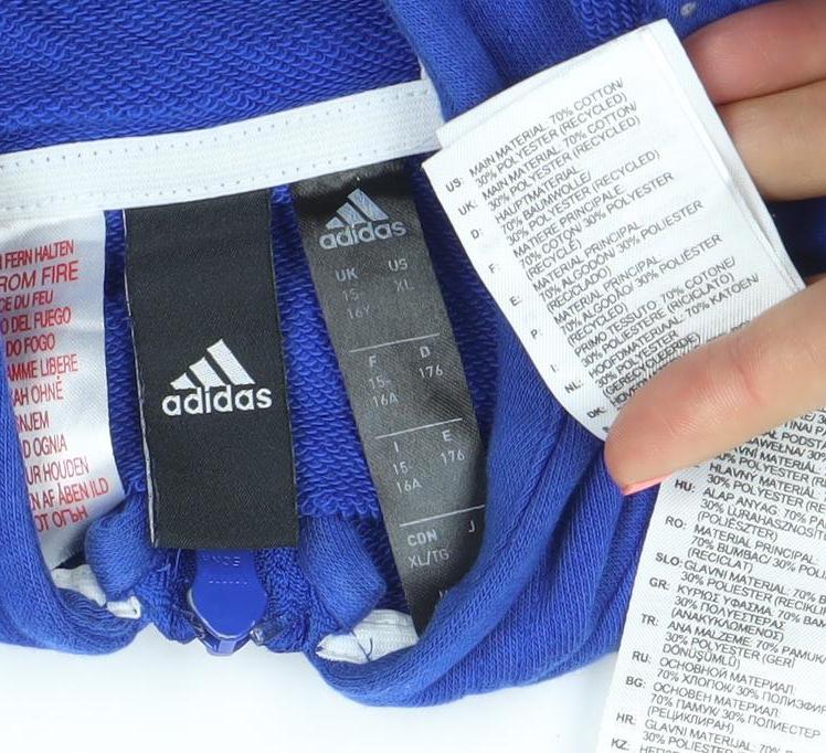 Adidas Boys Blue Full Zip Hoodie Size 11-12 Years Cotton Blend