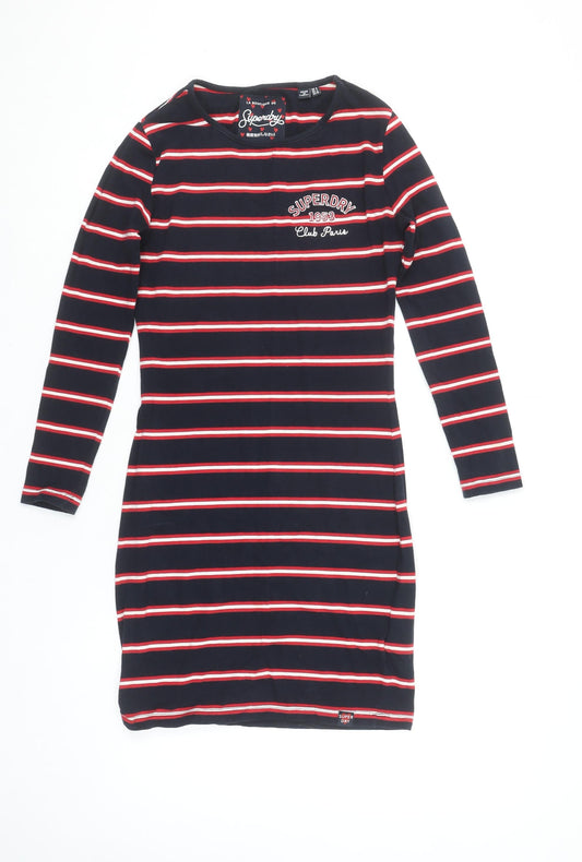 Superdry Womens Blue Striped Bodycon Jersey Dress Size 8 Long Sleeve