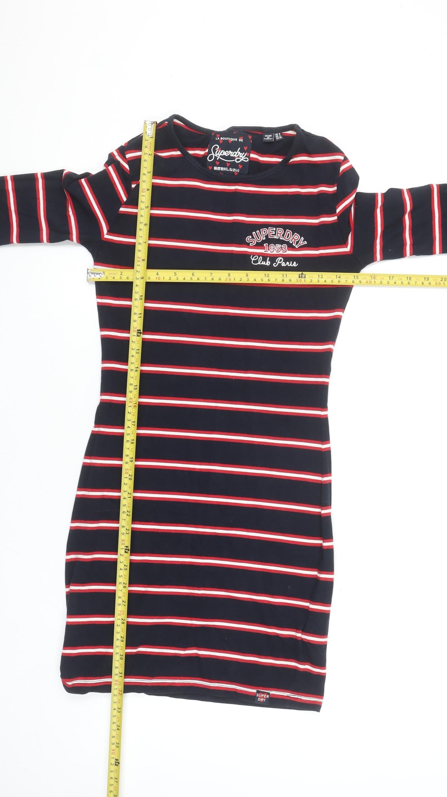 Superdry Womens Blue Striped Bodycon Jersey Dress Size 8 Long Sleeve