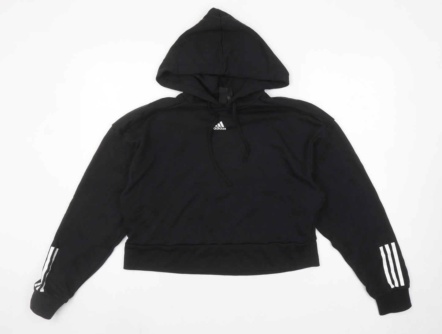 Adidas Womens Black Medium Hooded Pullover Hoodie with Logo and Stripe Accents