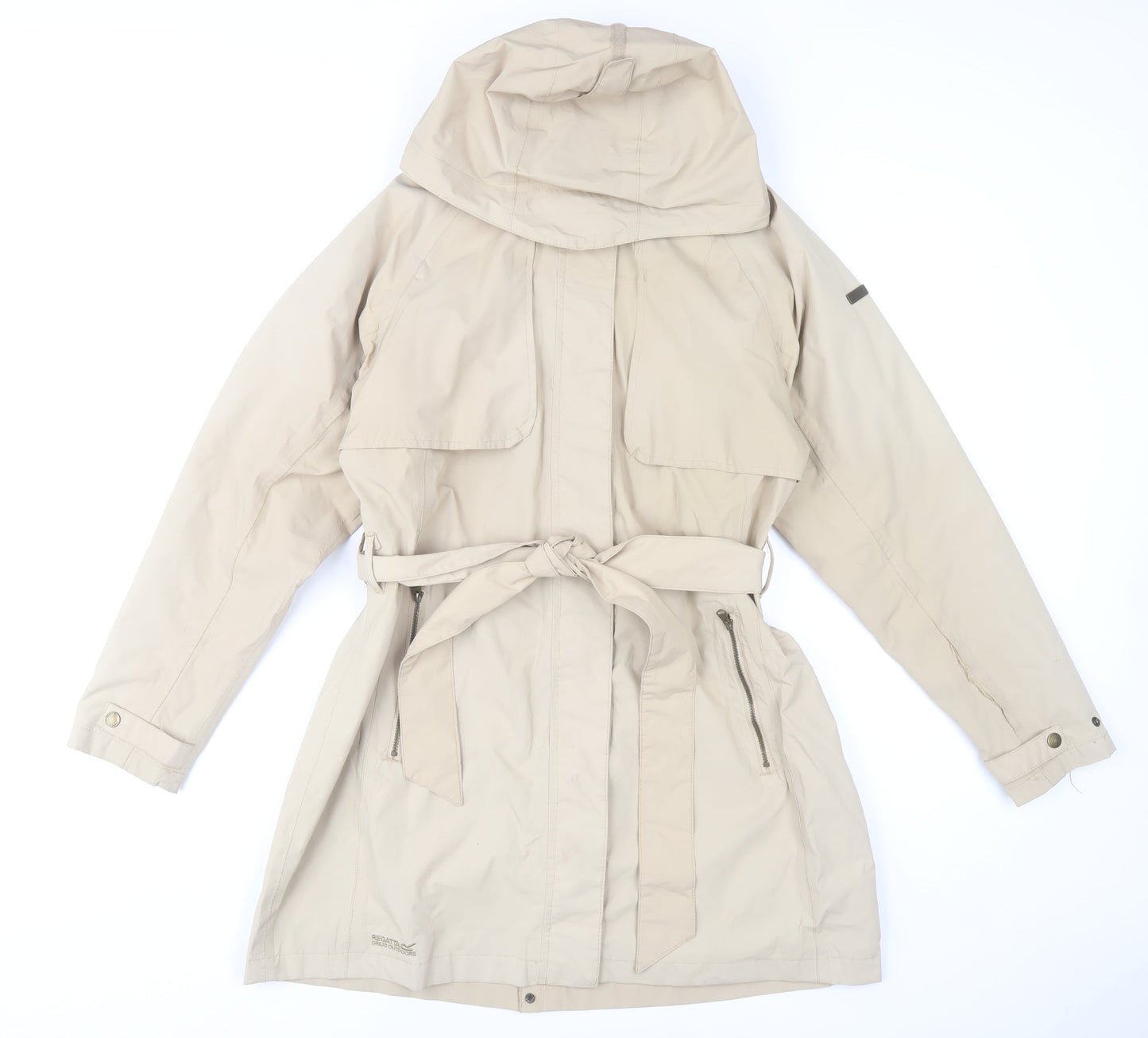 Regatta Womens Beige Hooded Rain Coat Size 14 Belted Waterproof Jacket