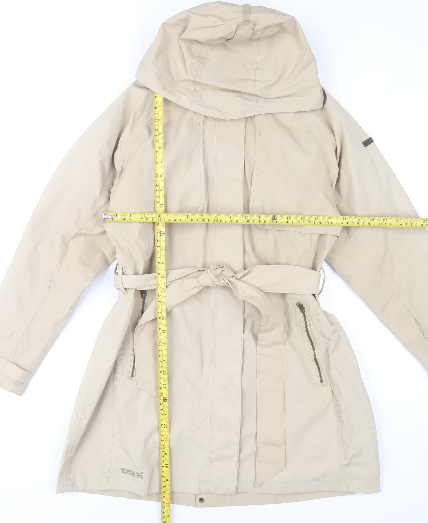 Regatta Womens Beige Hooded Rain Coat Size 14 Belted Waterproof Jacket