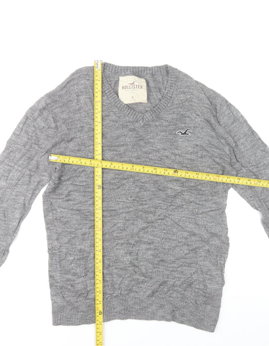 Hollister Men's Grey V-Neck Jumper Size S Cotton Blend Knitwear