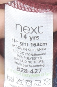 Brand and care label for Next boys’ brown varsity jacket 14 years cotton blend lined casual style