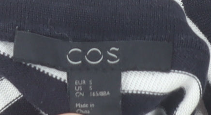 Brand and care label for COS Women Blue Striped Shirt Dress, size 8, Collared Cotton 3/4 Sleeve