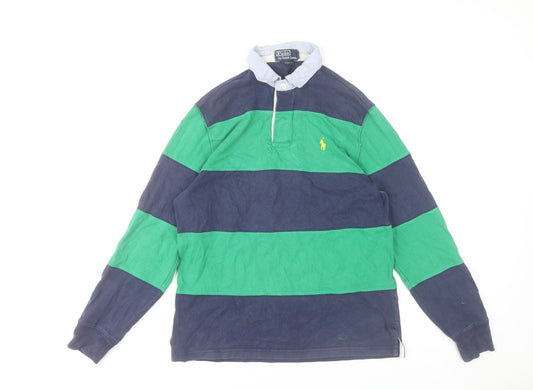 Ralph Lauren Men's Blue Green Striped Long Sleeve Rugby Polo Shirt Size S