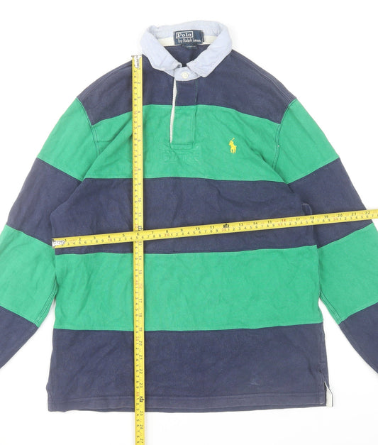 Ralph Lauren Men's Blue Green Striped Long Sleeve Rugby Polo Shirt Size S