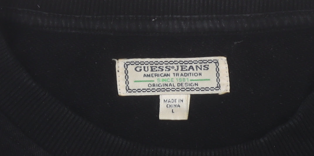 Brand and care label for Guess Jeans men’s black embroidered logo sweatshirt, size L