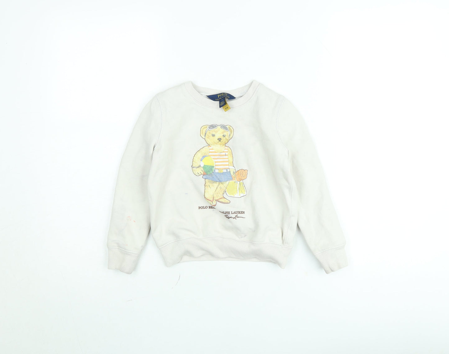 Polo Ralph Lauren Boys Beige Bear Graphic Jumper Size 6 Years Cotton Sweatshirt