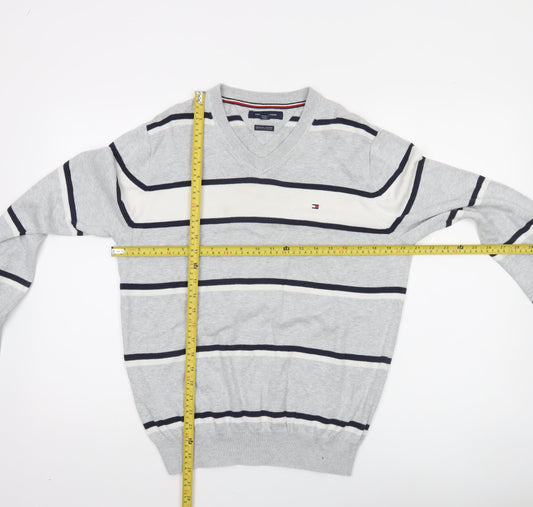 Tommy Hilfiger Men’s Grey Striped Cotton V-Neck Jumper Size S