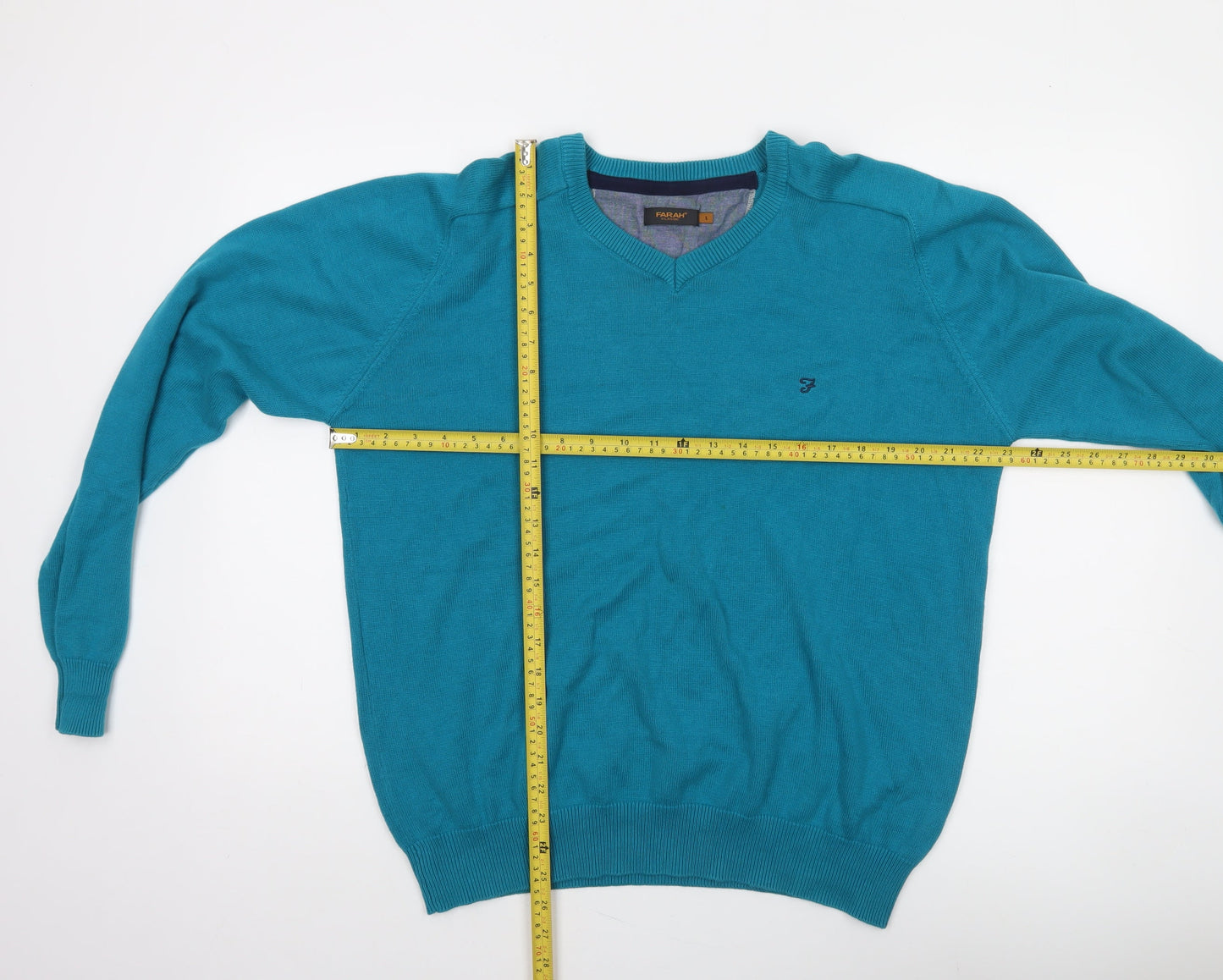 Farah Mens Blue L Cotton V-Neck Classic Knit Jumper