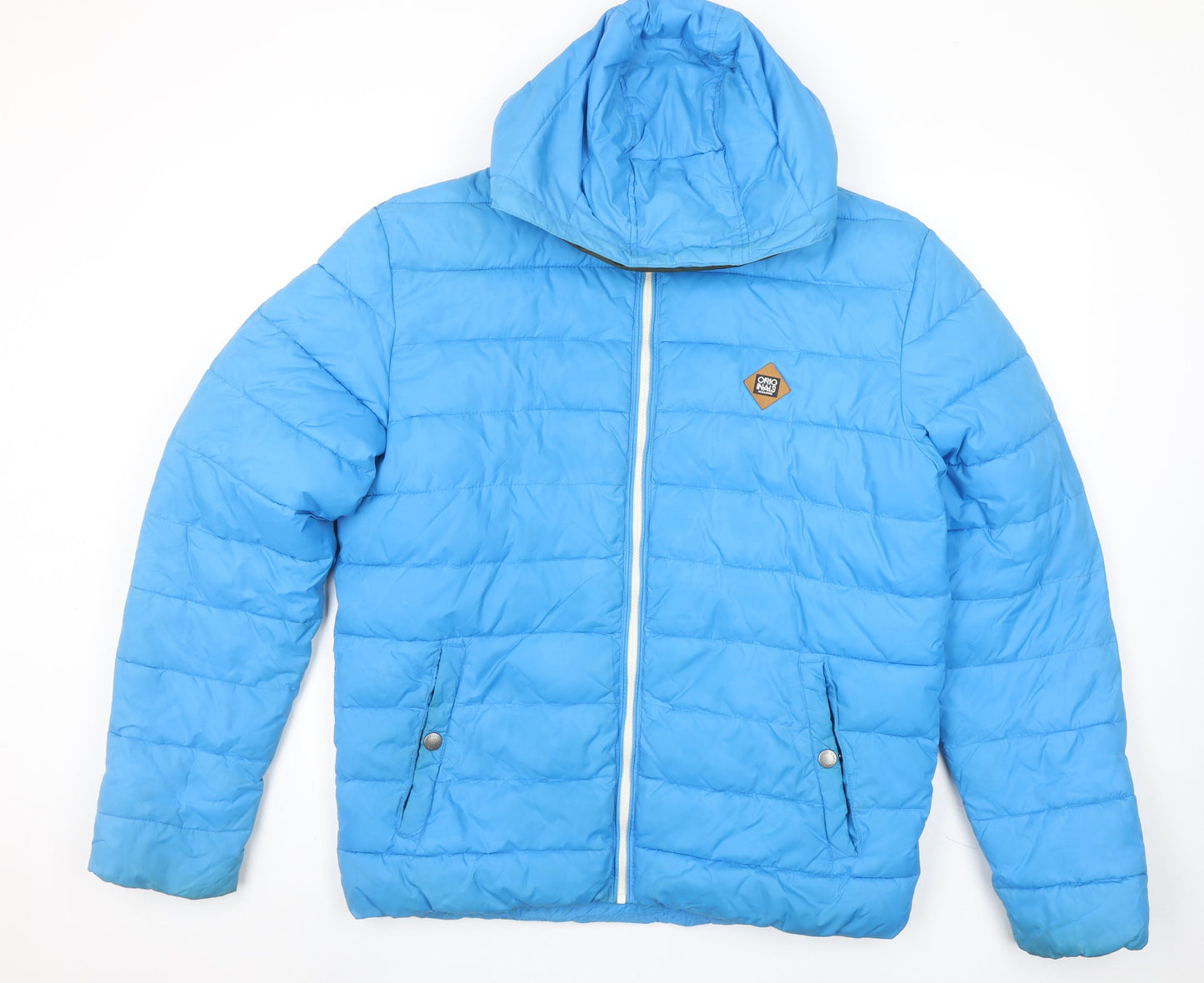 Jack & Jones Mens Blue Hooded Puffer Jacket Size L Quilted Winter Coat