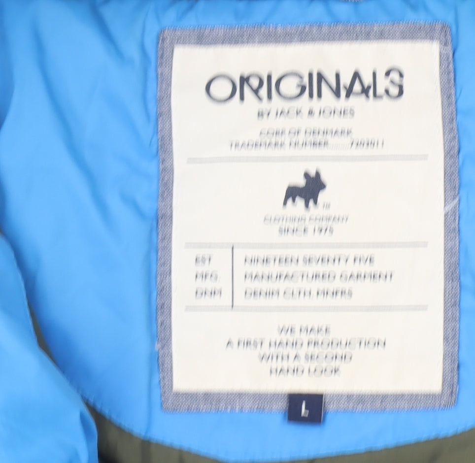 Jack & Jones Mens Blue Hooded Puffer Jacket Size L Quilted Winter Coat