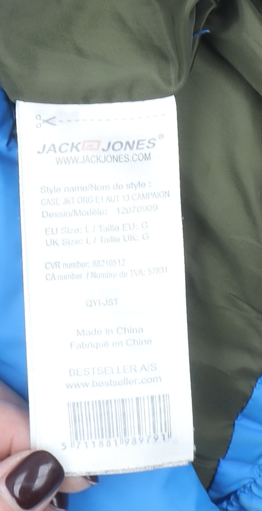 Jack & Jones Mens Blue Hooded Puffer Jacket Size L Quilted Winter Coat