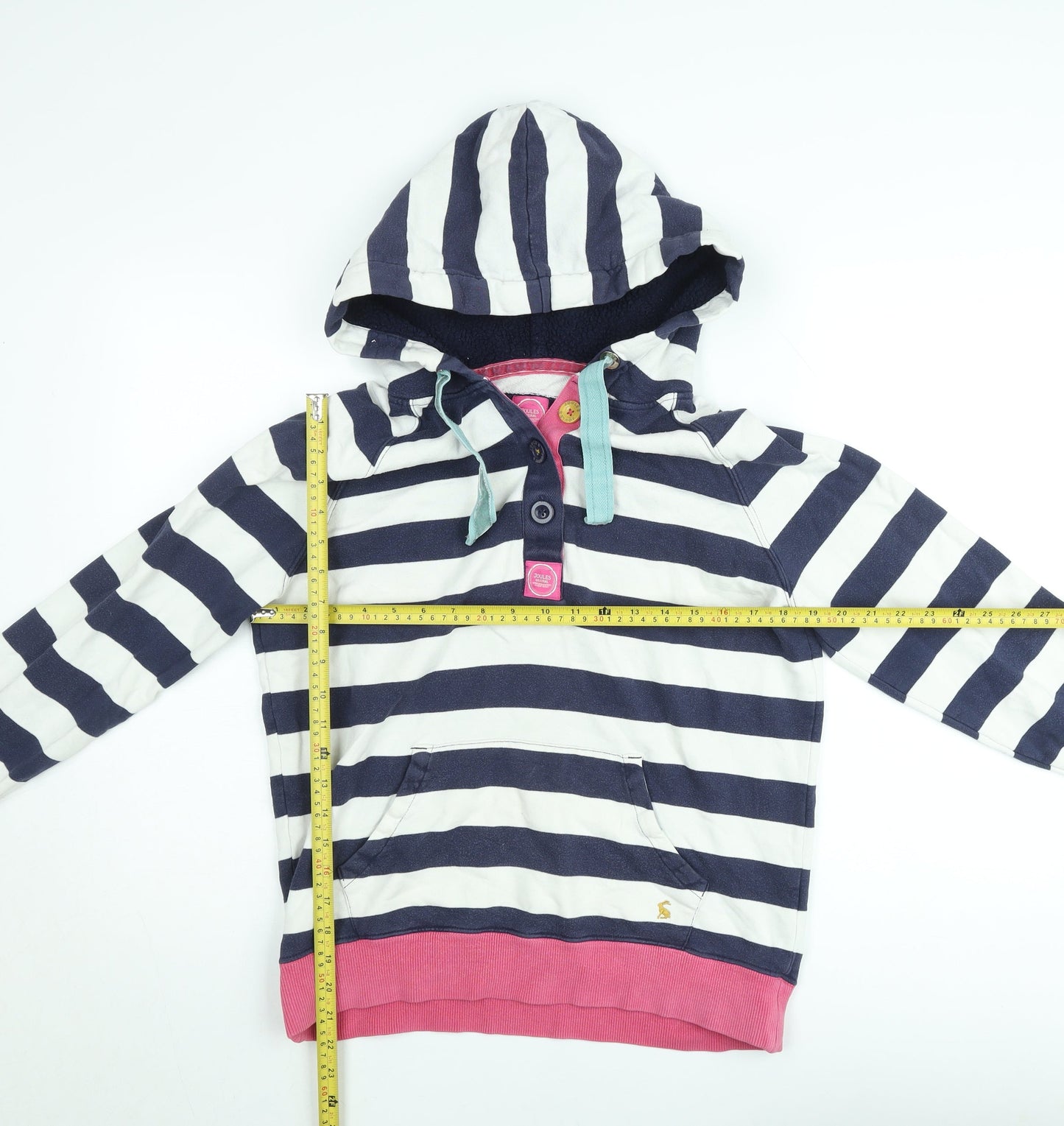 Joules Women’s Navy Striped Henley Hoodie Size 12 Cotton Blend