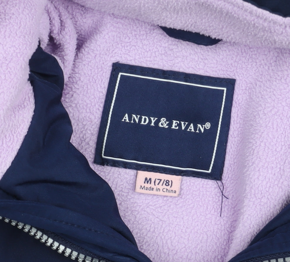 Brand and care label for Andy & Evan girls’ blue hooded mid-length puffer coat 7-8 years winter