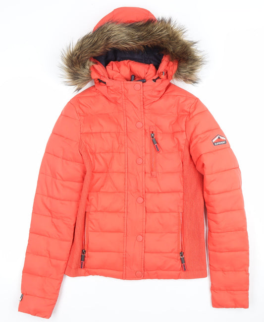 Superdry Womens Red Puffer Jacket Hooded Faux Fur Trim S