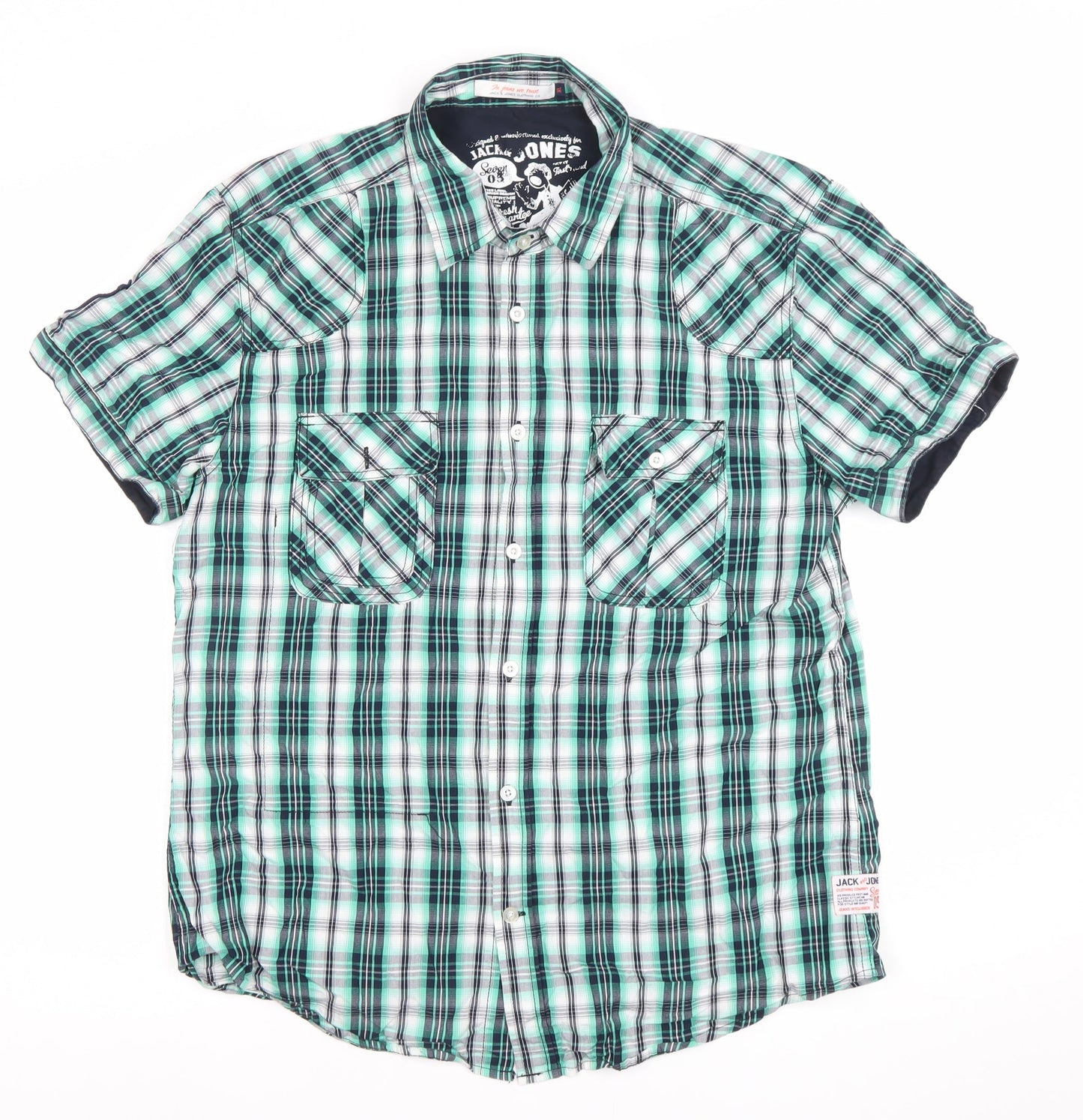 Jack & Jones Men's Green Plaid Short Sleeve Casual Button-Up Shirt Size L