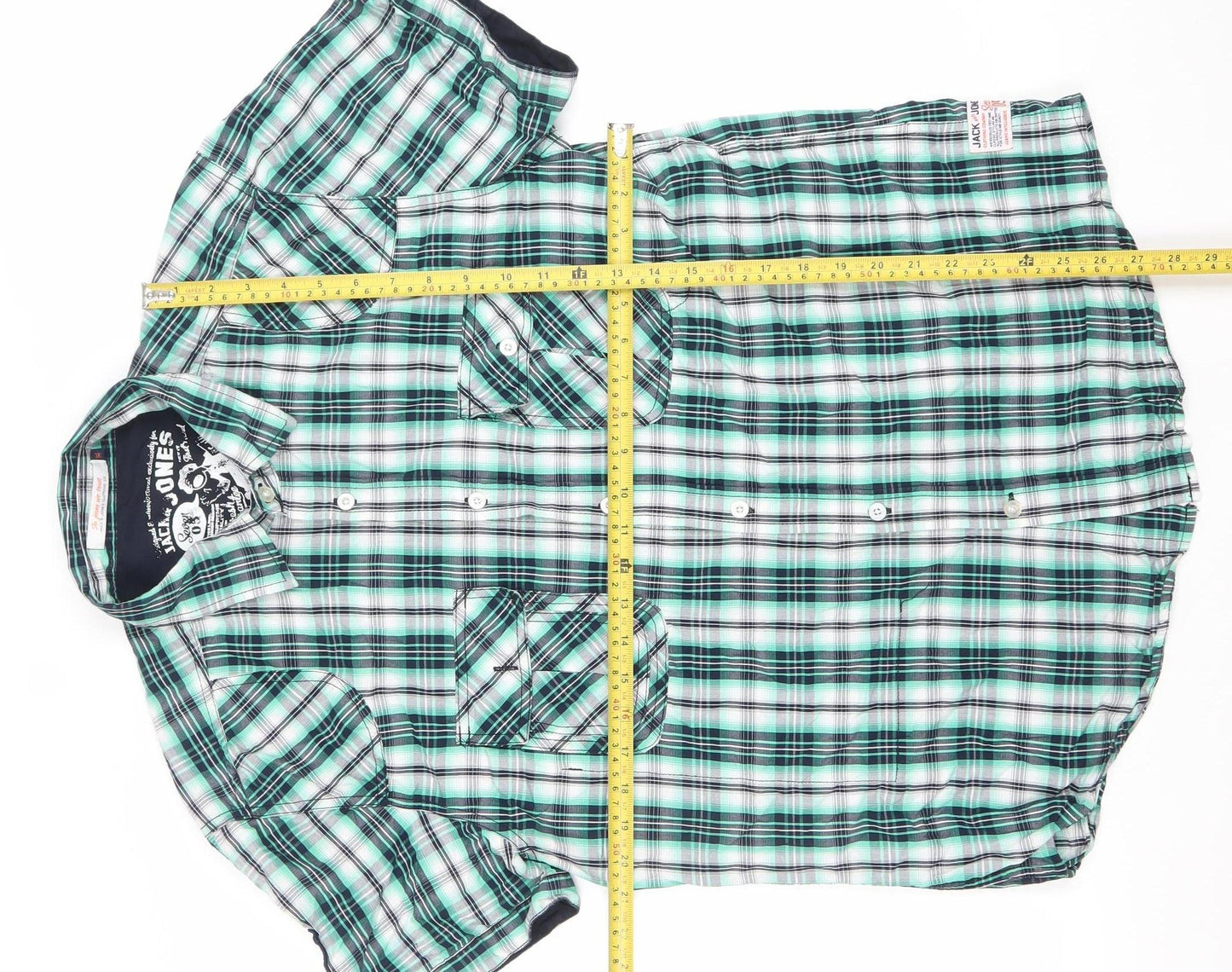 Jack & Jones Men's Green Plaid Short Sleeve Casual Button-Up Shirt Size L