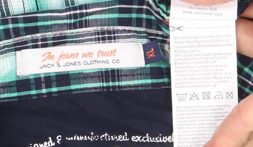 Jack & Jones Men's Green Plaid Short Sleeve Casual Button-Up Shirt Size L