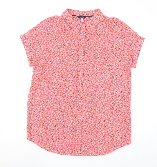 Joules Women's Pink Strawberry Print Collared Short Sleeve Blouse Size 8