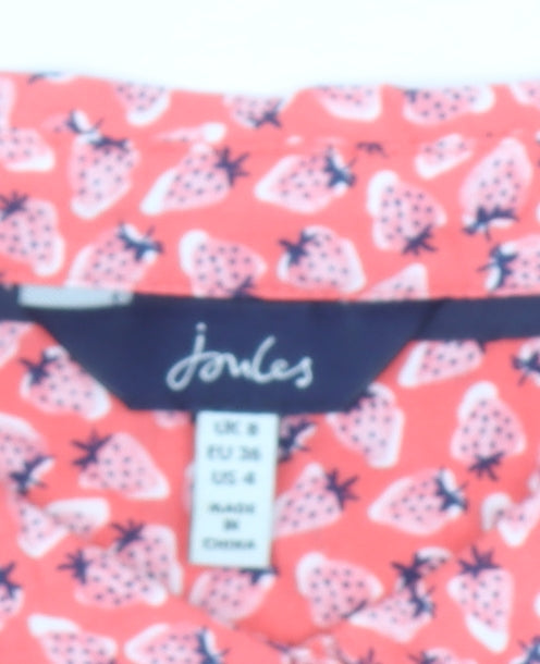 Joules Women's Pink Strawberry Print Collared Short Sleeve Blouse Size 8
