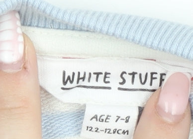 Brand and care label for White Stuff girls’ blue striped pullover sweatshirt age 7-8 years