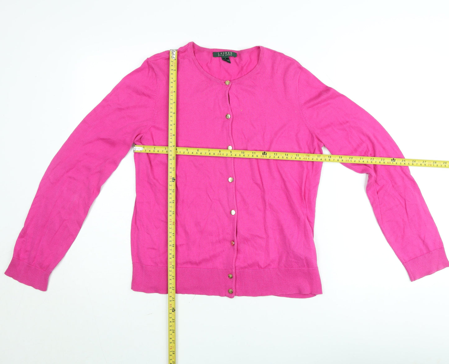 Lauren Ralph Lauren Women's Pink Cotton Cardigan L Crew Neck Long Sleeve