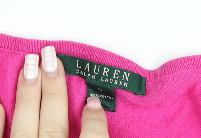 Lauren Ralph Lauren Women's Pink Cotton Cardigan L Crew Neck Long Sleeve